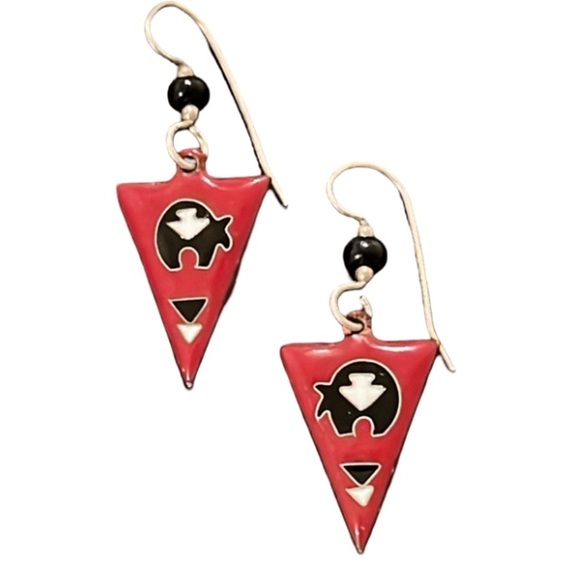 Vintage Jewelry - Vintage Navajo Sterling Silver Red Enamel Zuni Bear Drop Earrings